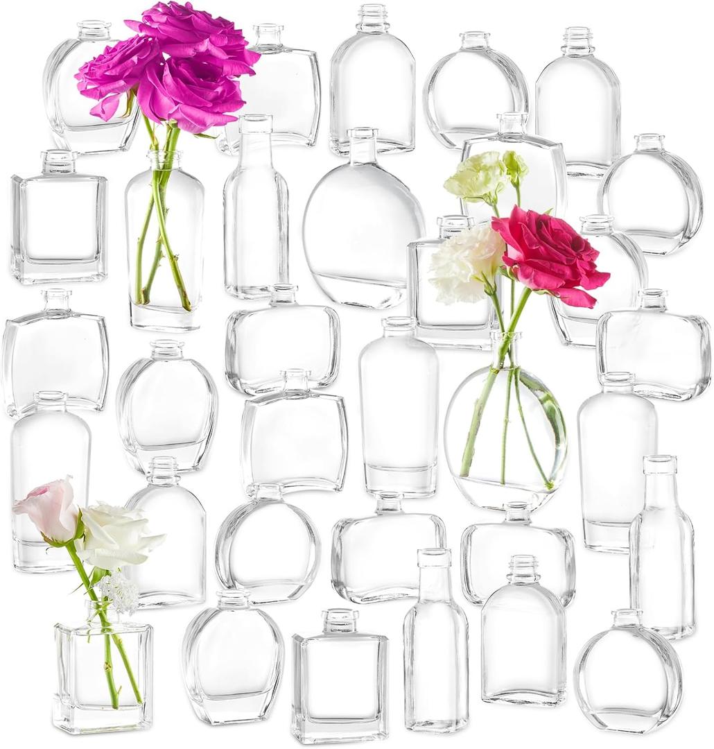 33pcs Glass Small Bud Vases Set - 9 Styles Clear Bud Vase for Centerpieces, Wedding, Home Table Flower Dcor Perfume Bottle Inspired Clear Flower Vases in Bulk (Clear Set of 33)