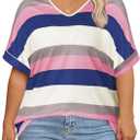 DOLNINE Plus Size Tops for Women V Neck Color Block Striped Tshirts Loose Fit Short Sleeve Shirts Casual Summer Tunic Tees (Pink, XXL)