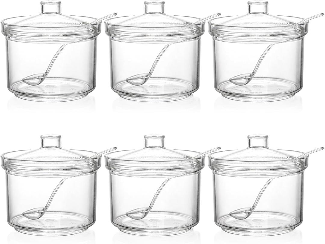 ZEAYEA Set of 6 Clear Acrylic Sugar Bowl, 14 oz Seasoning Box Condiment Pots with Spoon and Lid, Sugar Spice Salt Canister for Home Kitchen, Coffee Bar, Restaurant