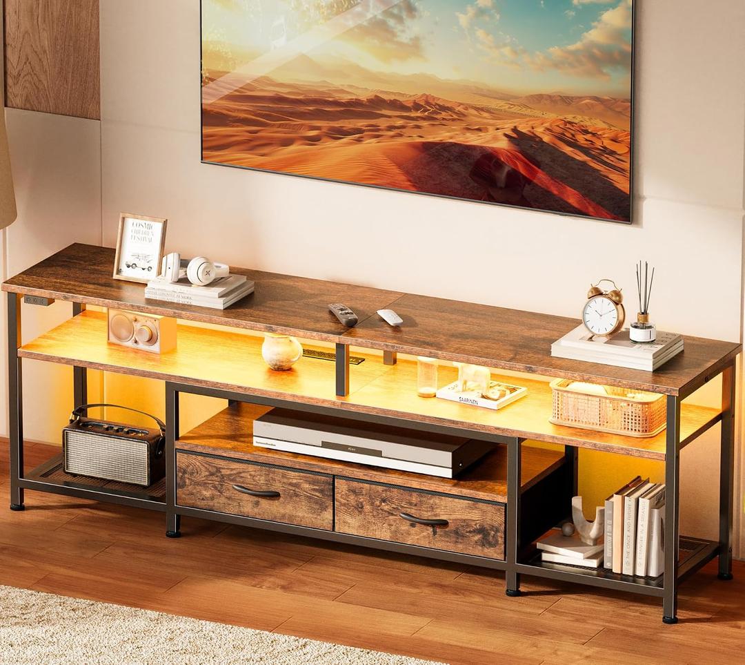 Huuger 63 Inch LED TV Stand for 65 70 Inch TV, Entertainment Center with Open Shelves and Power Outlets, TV Console for Living Room, Media Console with Drawers, Rustic Brown, 8779FC