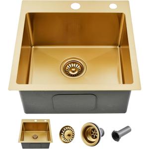 15x15 Inch Gold Drop In Bar Sink, Single Bowl Top Mount Handmade Wet Bar Prep RV Sink, 18 Guage Stainless Steel Outdoor Small Kitchen Sinks with Drain Strainer
