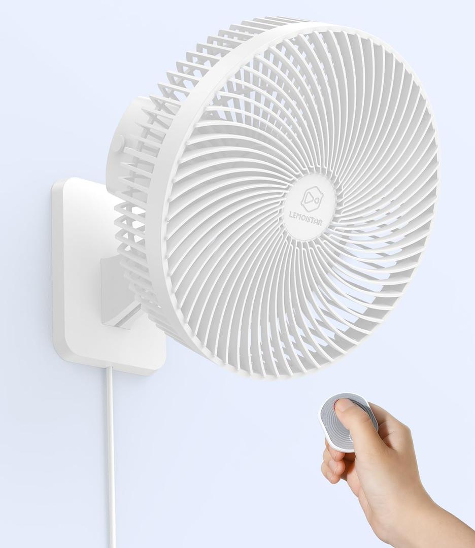 LEMOISTAR 10 Inch Wall Mounted Fan with Remote Control, 90 Oscillating, 4 Speeds, 4 Timer, Adjustable Tilt, 70 Inch Cord, Quiet, for Bedroom Garage RV Office Home Patio-White
