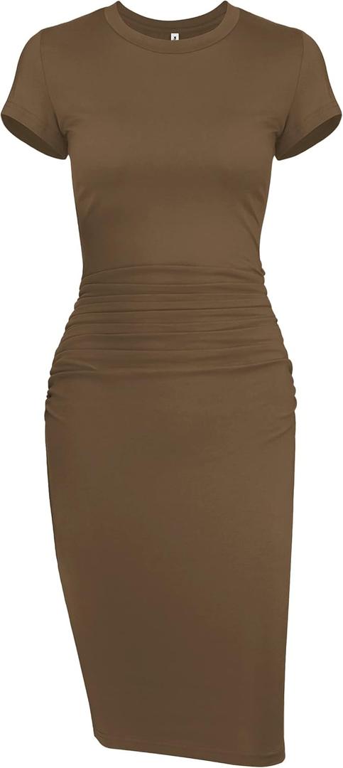 Missufeintl Women's Bodycon Ruched Short Sleeve T Shirt Midi Sundress Fitted Casual Dress (Brown, M)