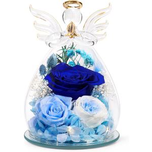 Gifts for Women Preserved Rose Forever Flower in Glass Angel Figurines Fresh Flowers for Delivery Prime Mothers Day Birthday Gifts for Mom Real Blue Roses for Grandma Sister Wife Her from Daughter (Blue (Rose, Austin, Baby's Breath, Hydrangea))