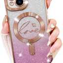 Fiyart Designed for iPhone 15 Case,Compatible with MagSafe Love Heart Plating Camera Protection TPU Magnetic Glitter for Women Girls Shockproof Phone Bumper 6.1"-Pink