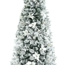 8ft Snow Flocked Christmas Pencil Tree w/ Berries & Poinsettia Flowers