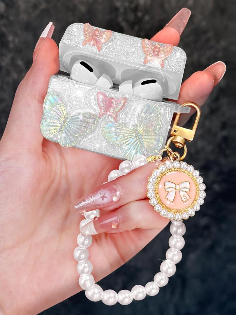 Boaretiu for AirPods Pro/Pro 2nd Gen Case with Pearl Bow Keychain - Stylish Protective Cover for Women, Cute Girls Kawaii Girly Unique Silicone Design Case for AirPods Pro & Pro 2, Butterfly