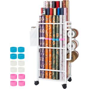 Aquzee Gift Wrapping Paper Organizer Storage, Rolling Gift Wrap Storage Stand, Vertical Wrapping Paper Storage Cart, Ribbon Organizers, 12 PCS Slap Bracelets, Adjustable Rod Design, White