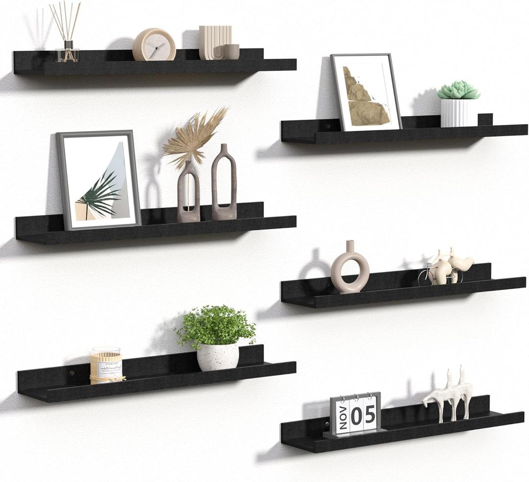 upsimples Floating Shelves for Wall, 23.6 Inch Shelves for Decor Storage Set of 6, Wall Mounted Wood Shelf for Bedroom, Living Room, Bathroom, Kitchen, Long Picture Ledge Shelves, Black