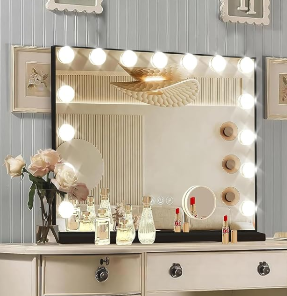 Black Hollywood Vanity Mirror with Lights, 15 Dimmable Bulbs, 3 Color Lights,Make Up Lighted Mirror, Aluminum Metal Frame, USB Charging Port（23" x 18"）