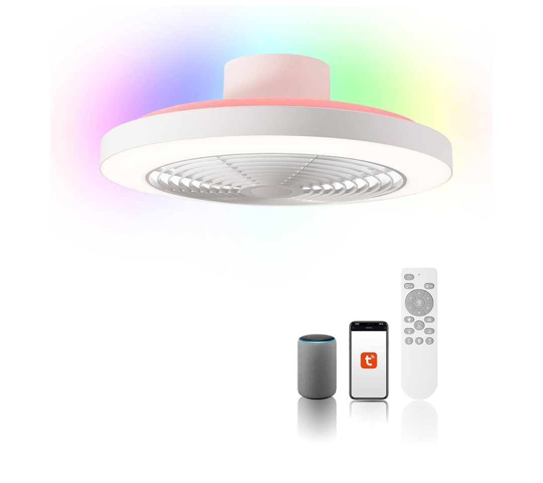 Orison Smart Bladeless Low Profile Ceiling Fan with LED-RGB Ambient Lighting Compatible with Alexa/Google Assistant/App Control, 6-Speed Color Change, Quiet Operation with Remote &App,19.7" (White)