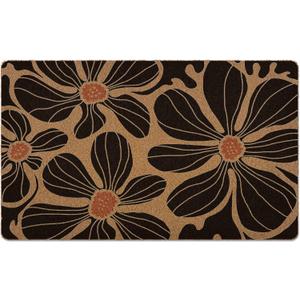 Boho Floral Door Mat, Black Coir Doormat, Flower Welcome Front Door Mat Indoor Outdoor Entrance for Camper, Botanical Rustic Artificial Doormat Rugs for Porch Entry Patio Kitchen 30x17in