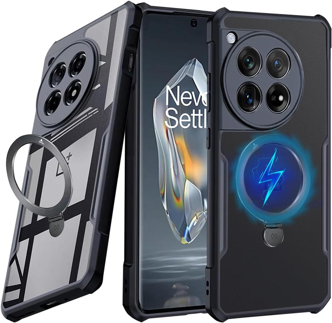 for Oneplus 13r Case with Ring Stand Holder Compatible with Accessories Like The Magsafe Charger,Wallet,car Mount.Soft TPU Bumper + Acrylic Back Airbags Shookproof Drop Protection,Stand Black