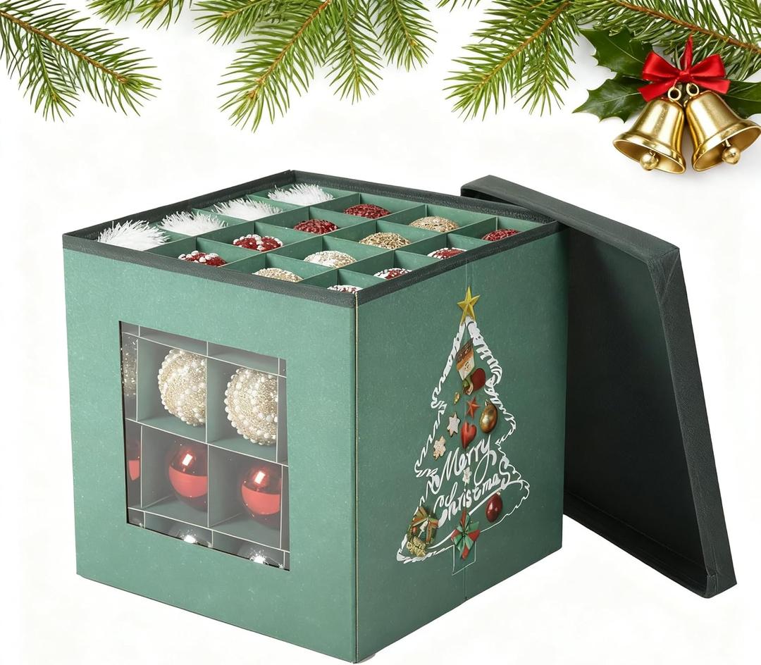 Christmas Ornament Storage Box with Lid - Holds 64 Ornaments, Large Sturdy & Foldable Organizer Case for Holiday Decor 11.8x11.8x11.8 Inch