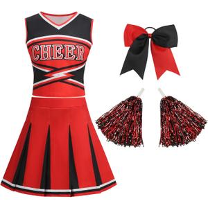 Cheerleader Costume for Womens, Cheerleading Uniform Outfits with Pom Poms Halloween School Musical Party (Large, Red)