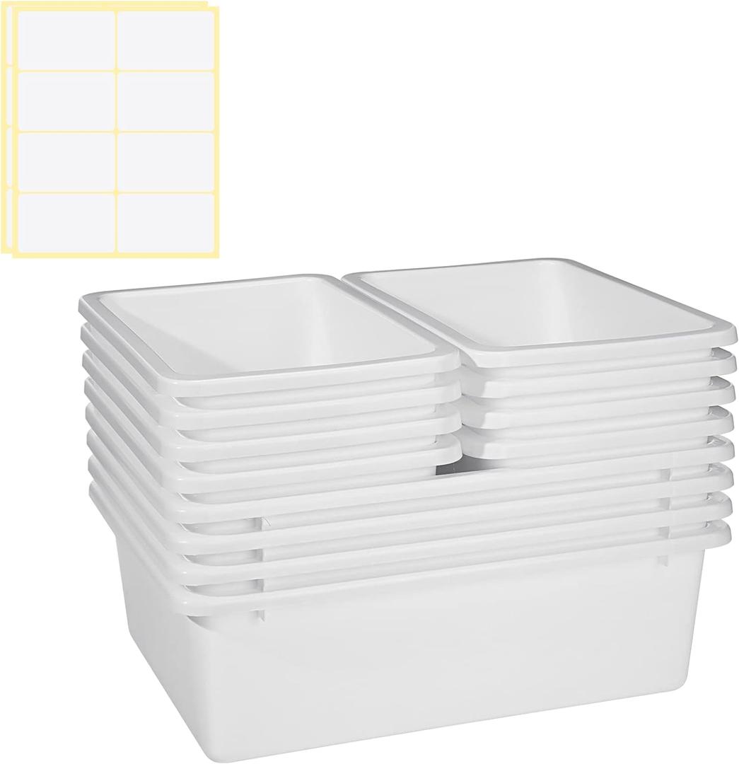 Zonon Set of 12 Plastic Cubby Bins Office Storage Container Storage Bins Plastic Organization with Pack of 1 Self Adhesive Label for Library Office Home Nursery(White)