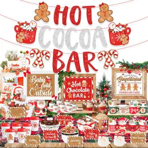 Hot Chocolate Bar Supplies, Red Christmas Hot Cocoa Bar Decor, Gingerbread Man Hot Cocoa Bar Banner Hot Chocolate Bar Sign Labels Cup Tags for Christmas Baby Shower Baby Its Cold Outside Decorations