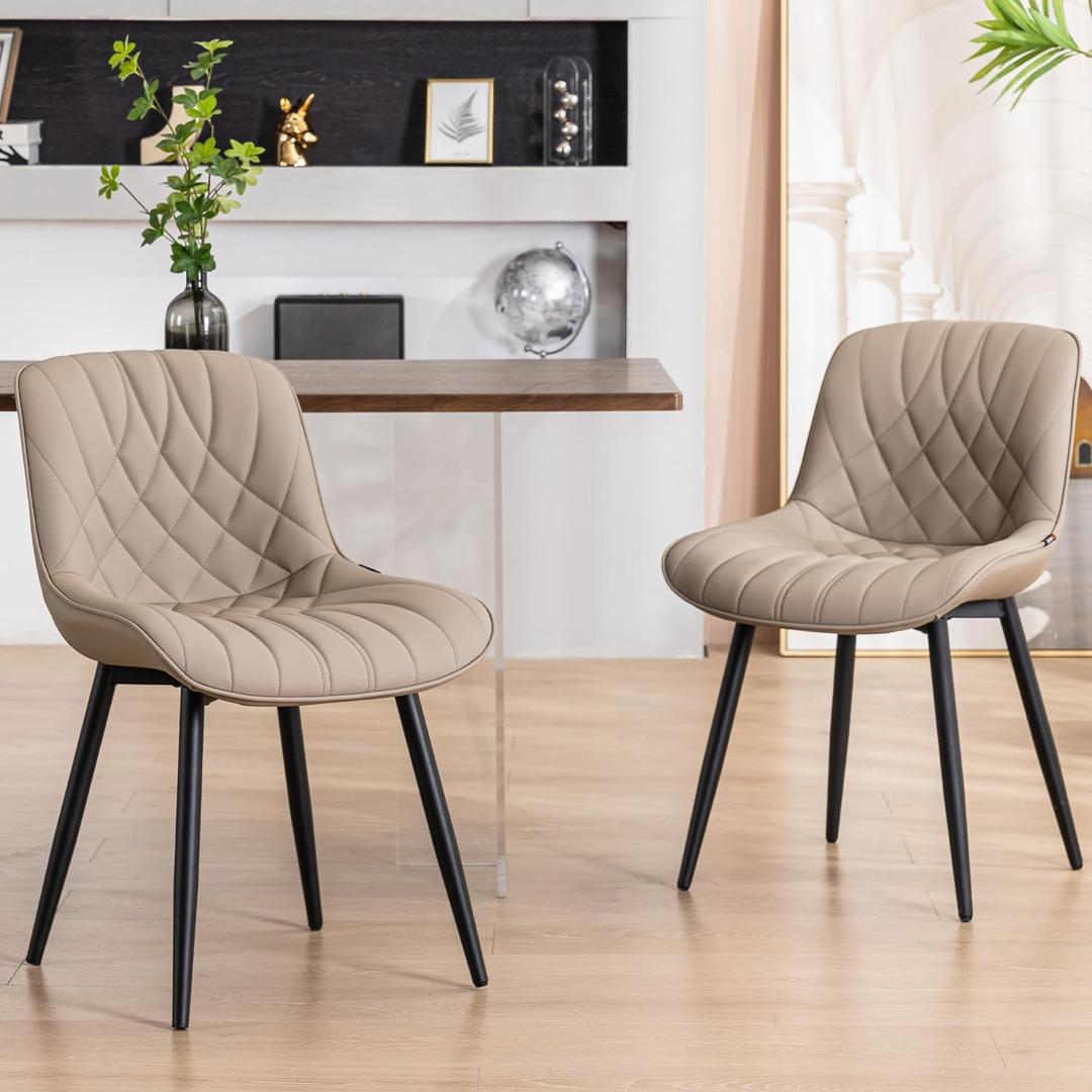 YOUNUOKE Dining Chairs Set of 2 Mid Century Modern Kitchen Chair Comfortable Upholstered Faux Leather Dinner Chairs for Kitchen Dining Room, Khaki, A-PU Leather
