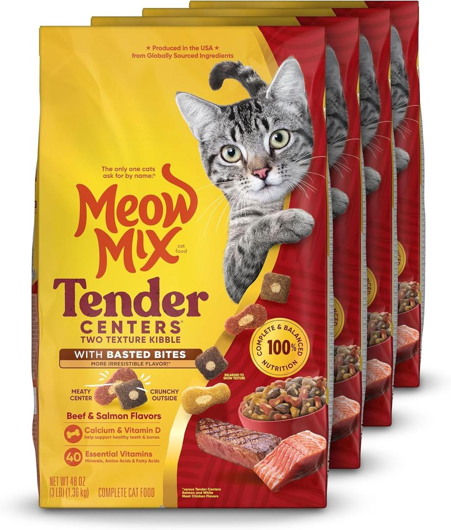 Meow Mix Tender Centers Dry Cat Food with Basted Bites, Beef & Salmon Flavors, 3 Pound Bag (Case of 4) (EXP 09/09/26)