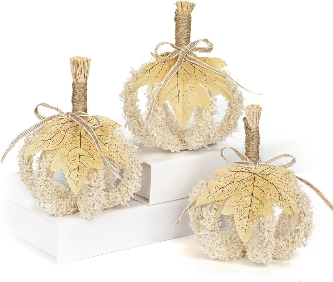 Fall Pumpkin Decorations for Home, Hollow Foldable Fake Pumpkins, Faux Small Pumpkins for Decorating, Artificial Fabric Pumpkin for Autumn Harvest Thanksgiving Halloween Table Centerpiece, White 3PCS