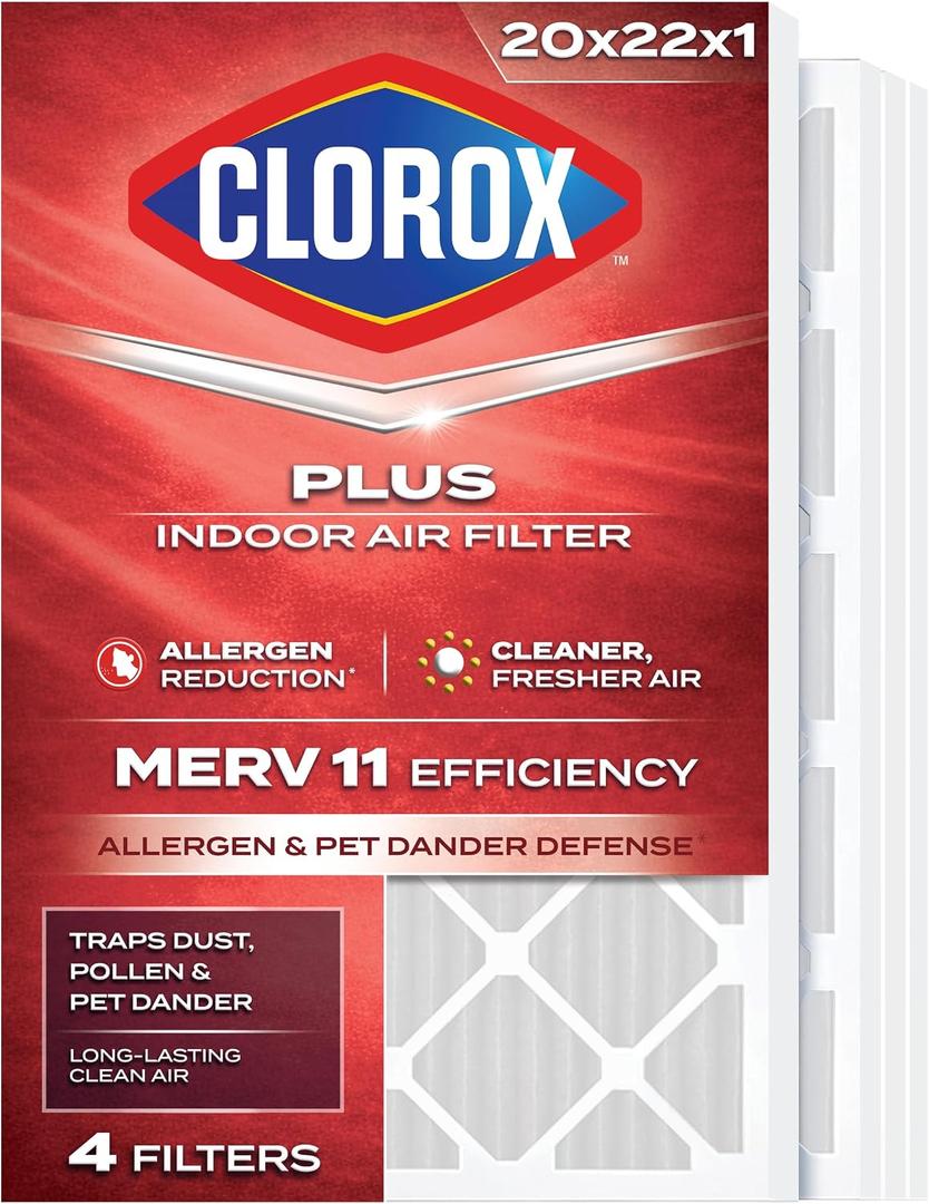 Clorox 20x22x1 Air Filter, MERV 11 Pleated HVAC AC Furnace Air Filters for Dust, Pollen and Pet Dander, MPR 1000 & FPR 7 – Pack of 4