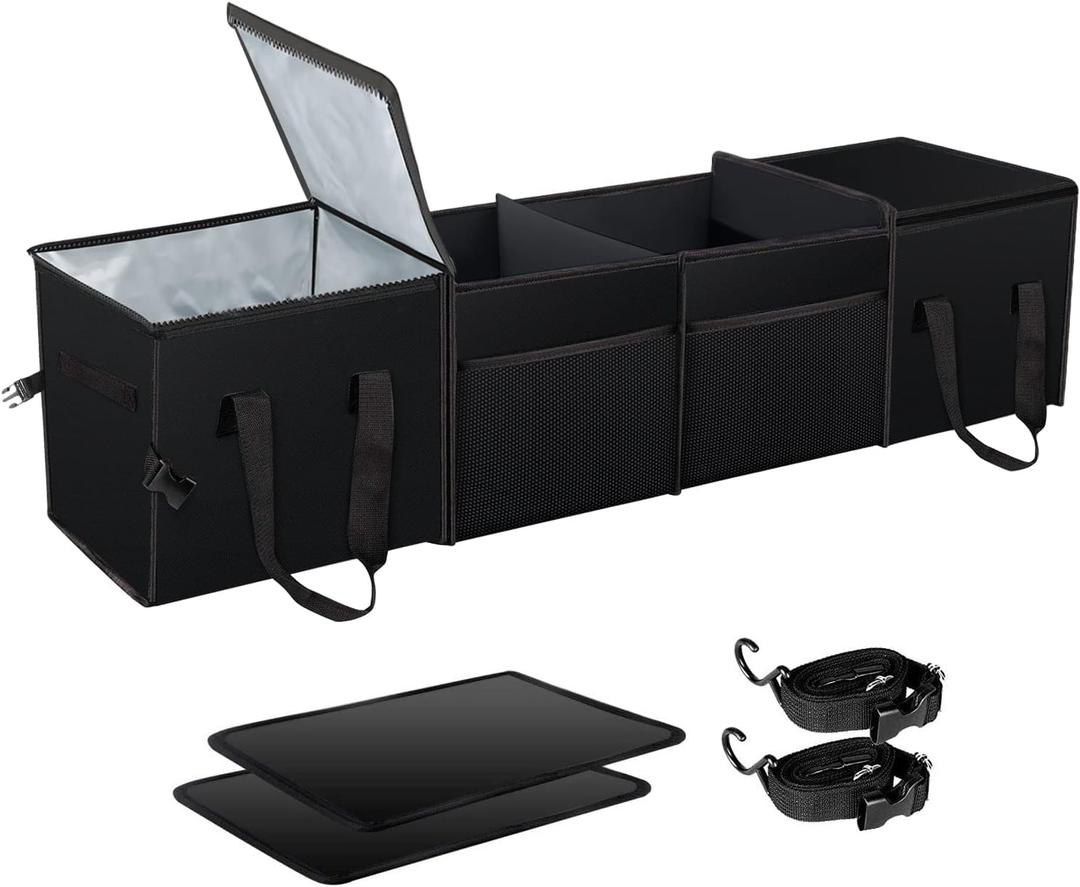 X-cosrack Insulated Car Trunk organizer, Collapsible Car Storage Organizer with 2 Cooler Bag and Lid for SUV, Jeep, Car Accessory with Mesh Pocket and Securing Strap for Grocery, 4 Compartment, Black