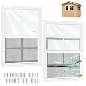 2 Pack Shed Window, 24" W x 27" H Flush Mount Window with Tempered Glass for Sheds, Chicken Coops, Garage and Playhouse (Brown)