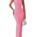 PRETTYGARDEN Women's 2025 Summer Bodycon Maxi Dresses Sleeveless Buttons Knit Spring Elegant Wedding Guest Cocktail Dress (Pink,Large)