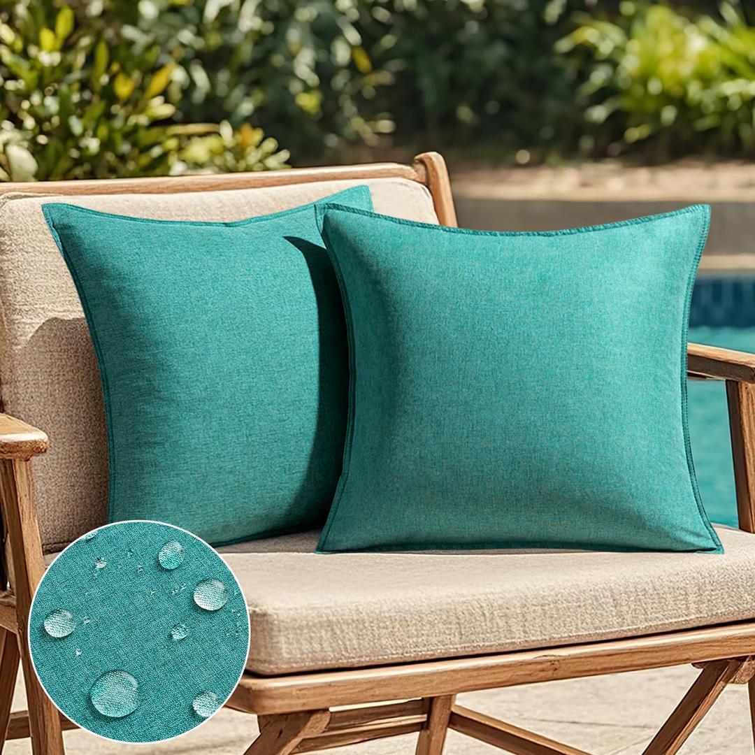 EMEMA Decorative Outdoor Waterproof Throw Pillow Covers Farmhouse Broadside Pillowcase Soft Outside Classic Cushion Cases for Patio Furniture Garden Sofa Set of 2 18x18 Inch Turquoise