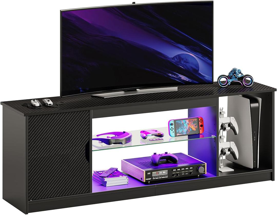 Bestier LED Entertainment Center for PS5, Gaming TV Stand with Cabinet 55/65 Inch TV, Modern TV Console with Adjustable Glass Shelf Living Room Bedroom, Black Carbon Fiber 57"