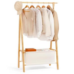 Relquorax Bamboo Clothes Rack with Storage Box, Portable Extra Large Garment Rack Clothing Rack, Foldable Wardrobe For Entryway and Bed Room (M)