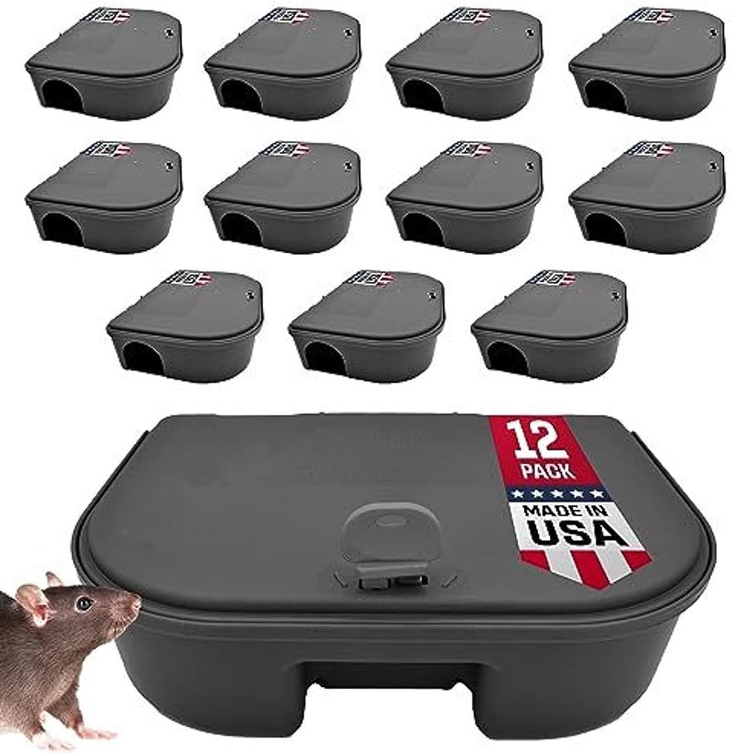 Exterminators Choice Compact Mouse Bait Station - Heavy-Duty Outdoor Mouse Bait Box - Lockable Design with Key - Versatile Indoor & Outdoor Use - Pack of 12, Black, 4.75in x 3.5in x 1.25in