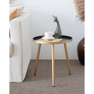 AOJEZOR Side Table: End Table for Any Room - Round Side Tables for Small Spaces - Black Top with 3 Gold Legged (16.9Dia x 17''H, Black/Gold)