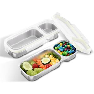 Stainless Steel Snack Containers for Kids Adults, 2 Pack 2 Compartment Metal Snack Containers Box with Lid, Reusable Food Storage Container, Leak Proof, Grab and Go (2C - (15.21+8.45OZ))