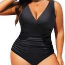 Aqua Eve Women Plus Size One Piece Swimsuits Tummy Control Bathing Suits V Neck Ruched Swimwear (Black, 22W)