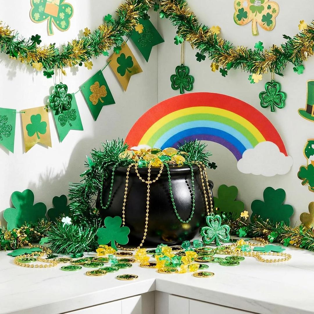 Civaner 207pcs St. Patrick's Day Decorations Set Plastic Cauldron Kettle Rainbow Kit with Green Gold Lucky Coin & Acrylic diamonds & Shamrock leaf & necklace for Irish St Patrick Party Outdoor(Black)