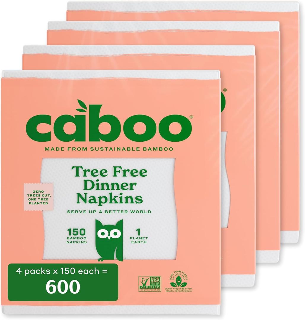 Caboo Tree Free Dinner Napkins - 4 Packs of 150, 600 Total Paper Napkins, Sustainable and Disposable White Napkin (150 Count (Pack of 4))