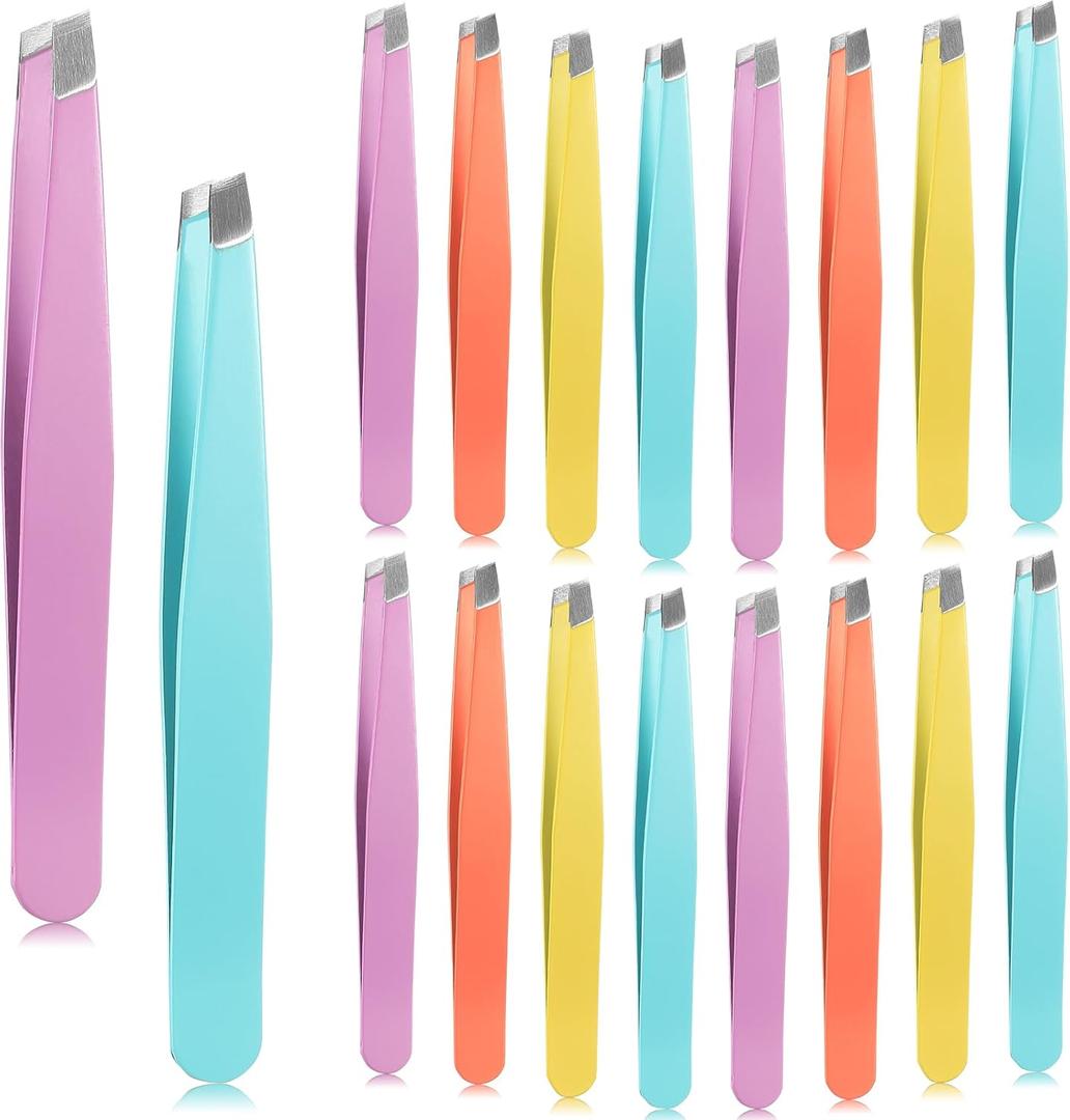 Maitys 16 Pieces Slanted Eyebrow Tweezers Stainless Steel Tip Precision Tweezers Bulk for Women and Men Personal Care Ingrown Hair, Facial Hair and Lash Extension