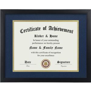 ELSKER&HOME 8.5x11 Certificate Frame with Blue Mat- Classic Black Color Frame - Displays Diploma 8.5x11 Inch with Mat - 11x14 Inch Without Mat - For Document/Photo(Double Mat Blue with Gold Rim)