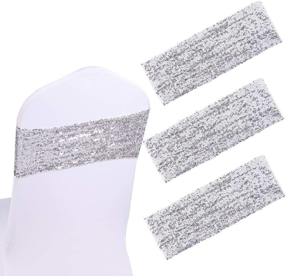 Sequin Spandex Chair Sash 50 Pcs Silver Sequin Sashes Chairs Silver Stretch Spandex Bands Sparkling Chair Cover Decorations for Wedding Banquet Party Festival Shining (5.9"X13.78")