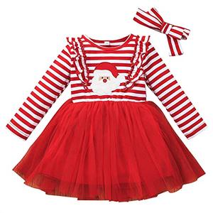 Toddler Baby Girls Christmas Dress Long Sleeve Fall Winter Dress Santa Claus Tulle Tutu Xmas Dress with Headband Red Size 80