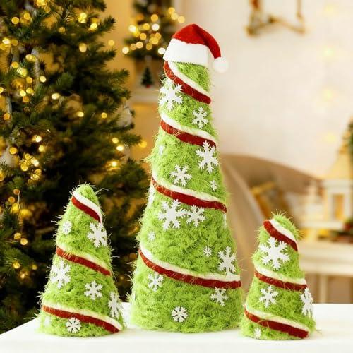 JOICEE 3 Pcs Christmas Cone Trees, Green Artificial Plush Fur Surface Christmas Tree Decorations Fuzzy Trees with Snowflakes Santa Hat for Xmas Table Mantel Entryway Centerpieces Home Room Decor