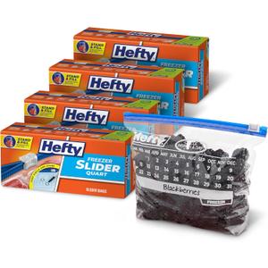 Hefty Calendar Slider Quart Freezer Bags, 140 Count, Quart Slider Bags for Freezer with Calendar Dates, Holds Raw Meat, Fruits, Veggies, and More, Secure Zip and Click Closure