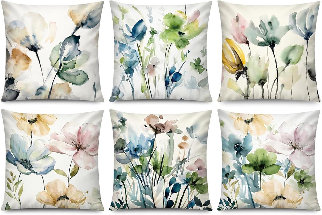 COMMINY Spring Flower Pillow Covers 18x18 Inch Set of 6, Blue Green Pink Floral Throw Pillow Case for Couch Sofa Bed Decor, Spring Summer Pillow Covers, Indoor Decorative Cushion Cover