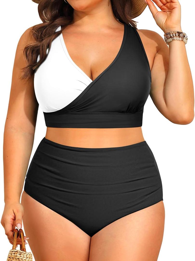 Tempt Me Plus Size High Waisted Bikini - Women Two Piece Swimsuit Tummy Control Bathing Suit 2025 Swimwear (Black White)