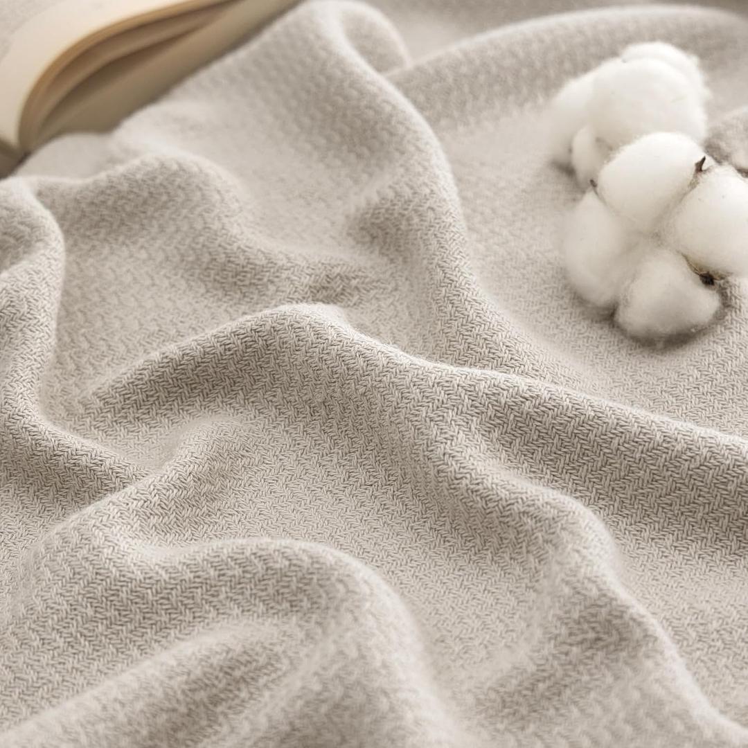 Bedsure GentleSoft 100% Cotton Blanket Queen Size for Bed - Breathable and Lightweight, Soft Cozy Textured Herringbone Woven Summer Blanket for Home Decor & Mothers Day, Linen Beige, 90x90 inches