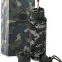 40 Oz Water Bottle with Straw Stainless Steel Sports Water Bottle with 3 Lids (Straw, Chug and Flip Lid) Insulated Leak Proof Metal Jug for Men & Women - Camo
