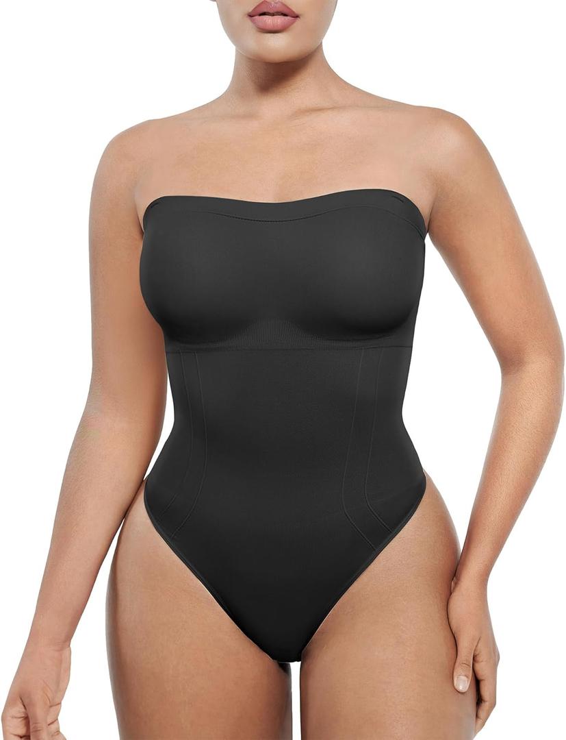 SHAPELLX Women's Shapewear Bodysuits Tummy Control Butt Lifter Body Shaper Strapless Seamless Mid Thigh Jumpsuit Tops (X-Large-XX-Large, A2-black Thong)