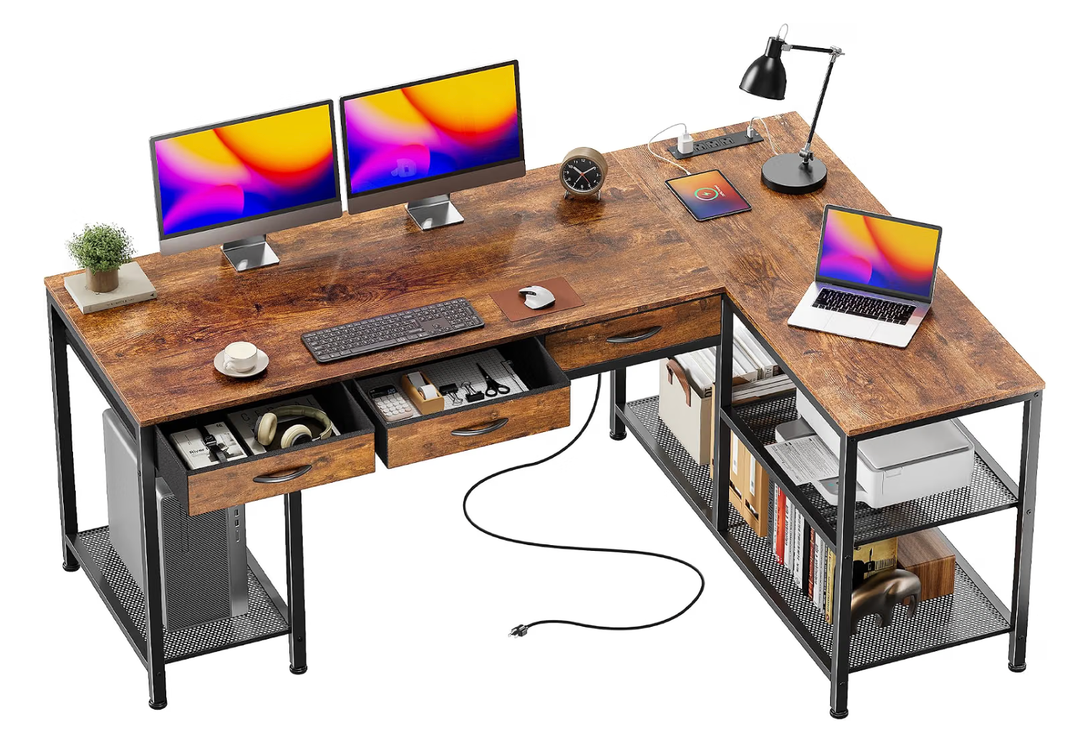 55 Inch L Shaped Office Desk with Power Outlets and Type-C Port, Large Computer Gaming Desk with 3 Fabric Drawers, Mesh Shelves, Corner Study Work Writing Desk, Rustic Brown