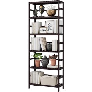 Bamjoy Bamboo Shelf, 6 Tier Bookcase Storage Shelves, Tall Book Rack Shelving Unit, Multipurpose Storage Display Shelf Adjustable Storage Rack for Bathroom Home Office Living Room Kitchen, Dark Brown